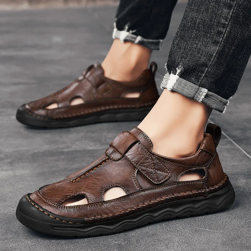 Men's Hollow Out Sandals Leather Thick-soled Beach Shoes Non-slip Handmade Sandals All-match Men's Flats Summer Outdoor Shoes