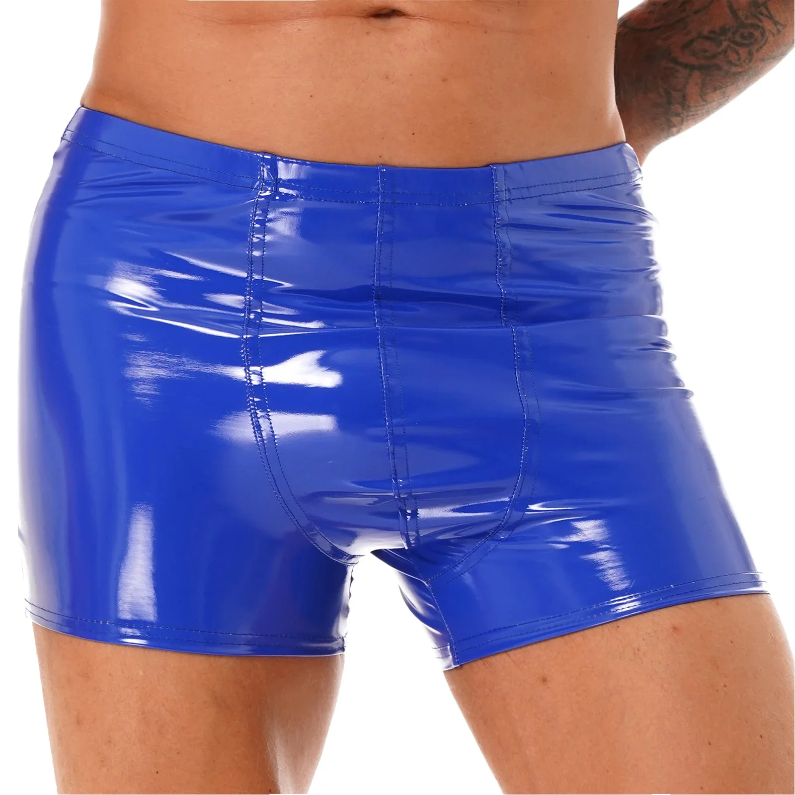 

Mens Leather Shorts Dance Performance Clubwear Wet Look Pants Elastic Waistband ShortsBulge Pouch Boxer Briefs Shorts
