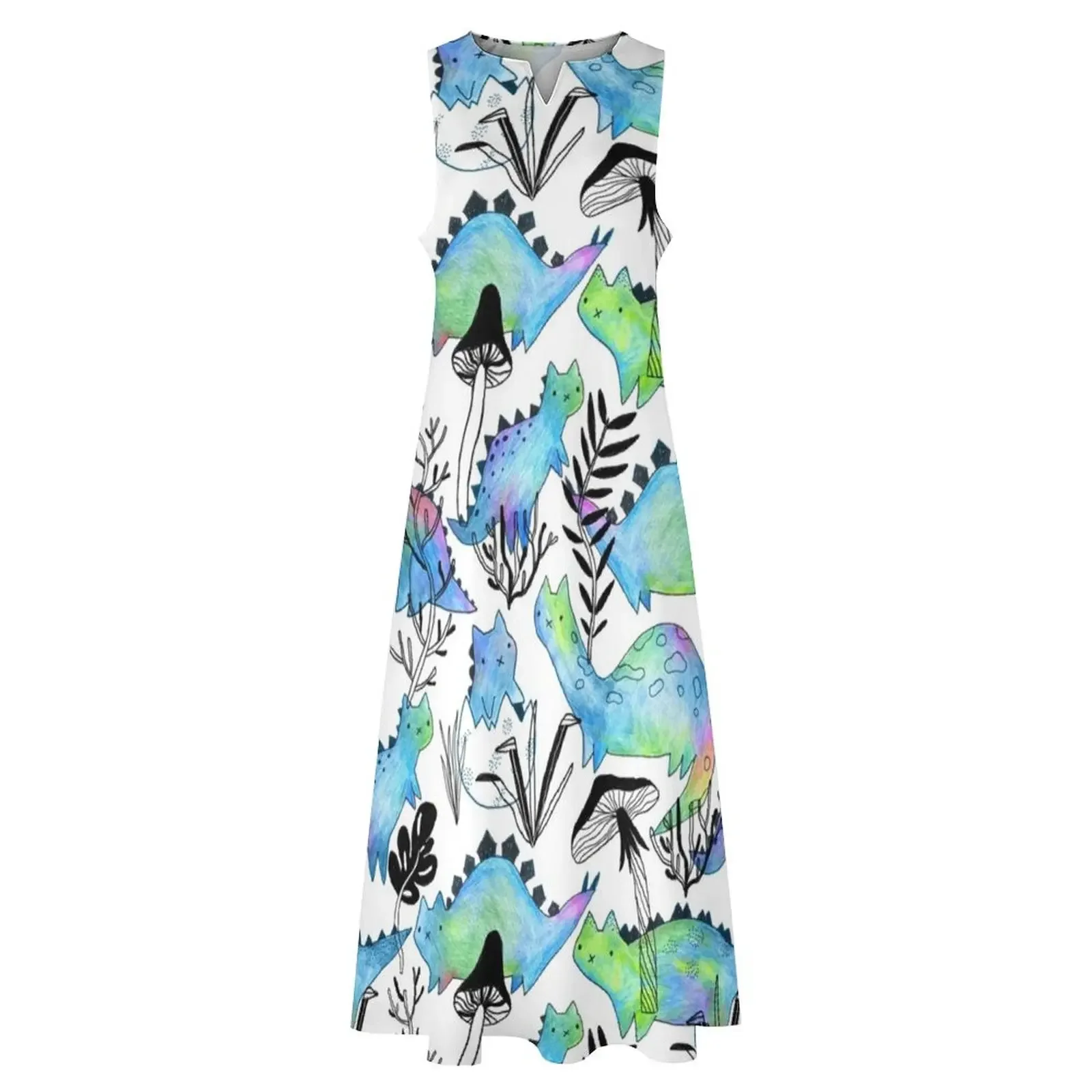 Catosaures et plantes crayon. Chats et champignons dinosaures amusants. Robe longue d'anniversaire pour femmes, robe de bal de luxe, 2025