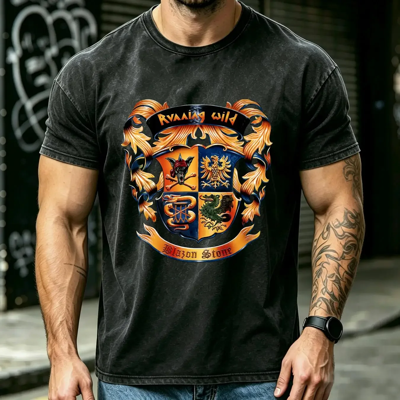 washed T Shirt RUNNING WILD BLAZON STONE NEW BLACK long or short sleeves vintage Washed Comfortable fashion streetwear graphic
