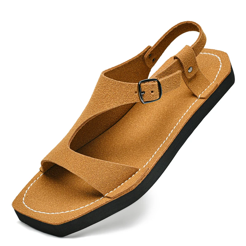 Men Summer Handmade Original Retro Square Head Flat Roman Sandals Breathable Non slip Belt Buckle Casual Sandals