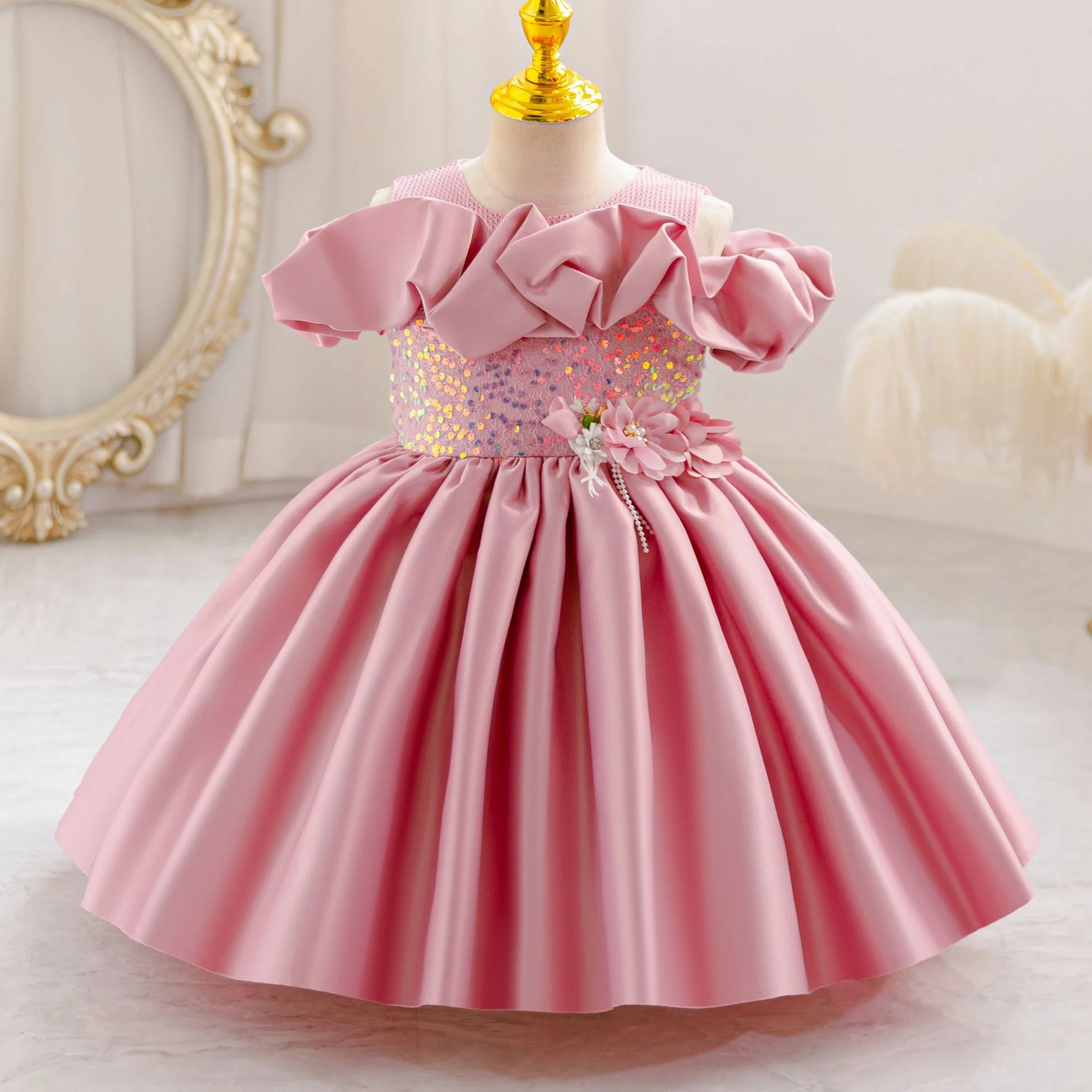 

Children Pearl Wedding Sequined Gown Junior Communion Party Pageant Beading Bowknot Puff Sleeve Satin Casual Dresses 1-4 Years