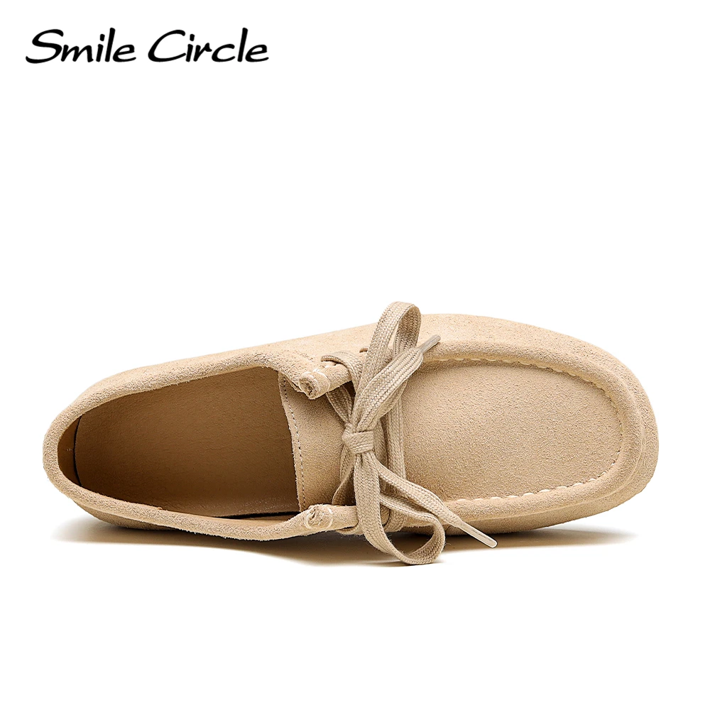 Smile Circle Wallabee Suede Leather Flat Shoes Women Lace-up Derby Shoes Autumn Casual Oxfords