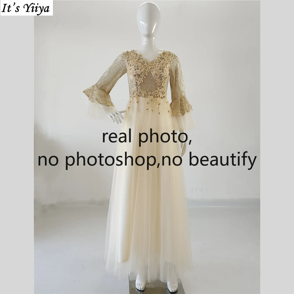 

It's Yiiya Real Photo Evening Dress Champagne Appliques V-Neck 3/4 Sleeves A-line Floor Length Plus size Women Party Formal Gown