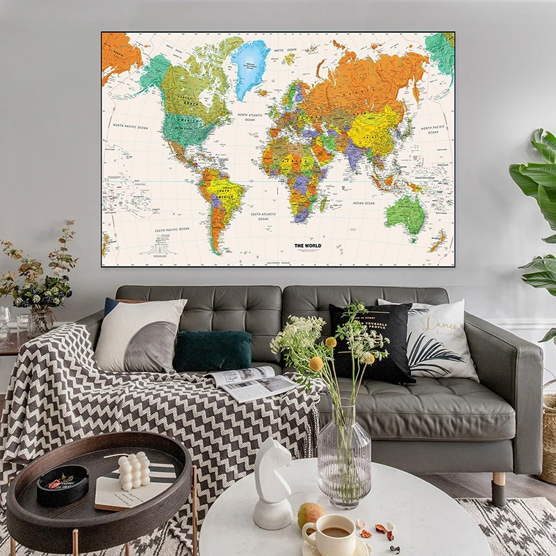 แผนที่โลกภาษาอังกฤษ 140*100 ซม.VINTAGE Non-ทอภาพวาดผ้าใบ Wall Art โปสเตอร์ตกแต่งบ้านอุปกรณ์สํานักงานโรงเรียน