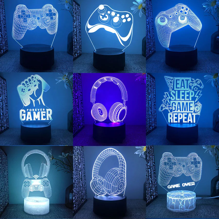 Gamepad Headphones Game Over Room Decoration Gaming Setup Accessories 3d Led Lamp Gamer Girl Desk Night Lights Christmas Gift