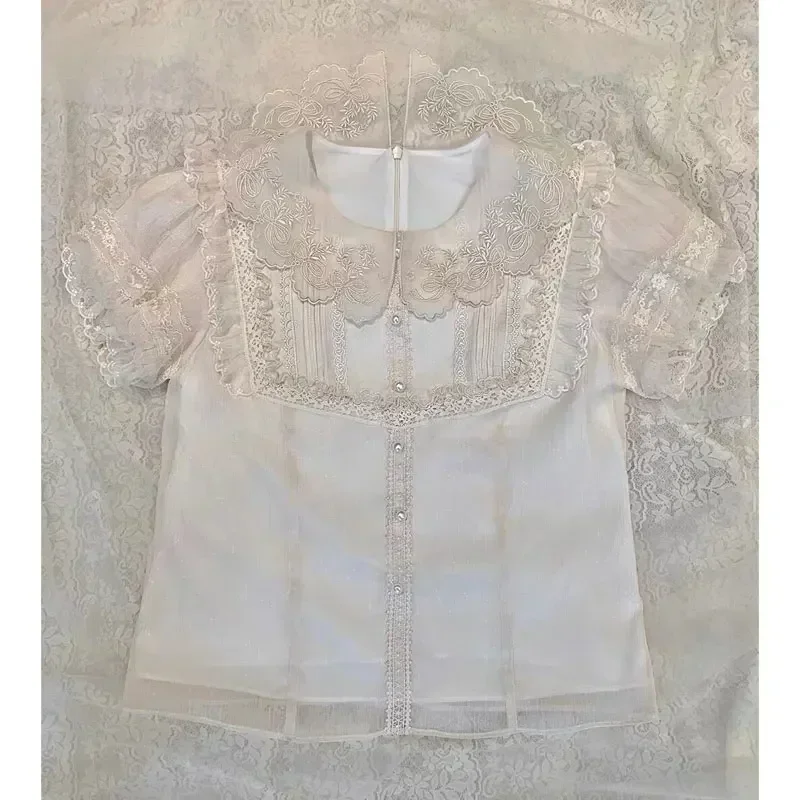 Colletto per bambola in stile occidentale Camicia Lolita carina Top in stile coreano Donna Primavera/Estate 2023 Nuova camicetta con maniche a lanterna in pizzo francese chic