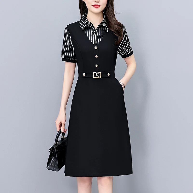 

Черное миди-платье женское, весна-осень-лето, новый стиль, с коротким рукавом, больших размеров, для миниатюрных, элегантное, красивое, А-силуэт, из смесового хлопка