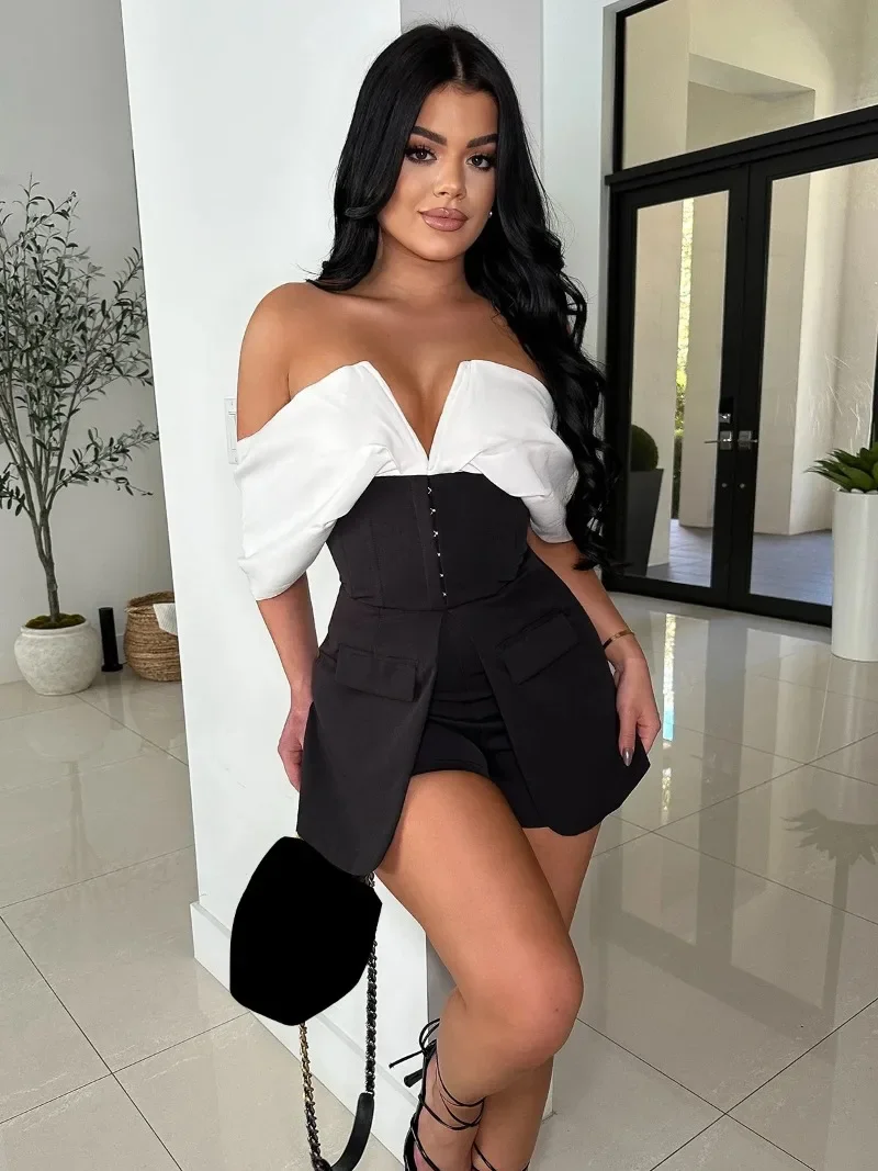 

KEXU Fashion Women Short Sleeve Slash Neck Patchwork Jumpsuits 2025 Playsuits Sexy Night Club Party One Piece Suit Romper