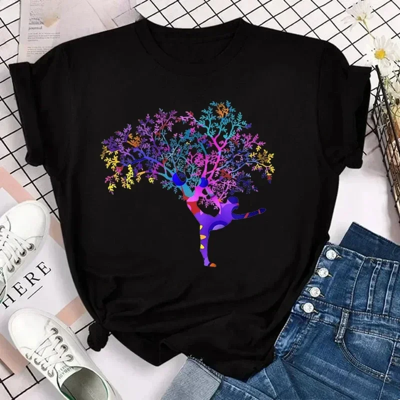 Plus Size Watercolor Breathe Chakra Symbols Yoga Print Tshirt Women Bird Om Aum Jade Buddha Meditation Tie Die T Shirt Femme Top view 5