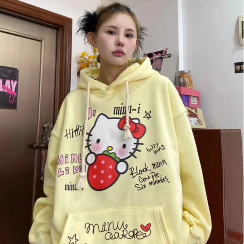 Sanrio Hello Kitty Autumn Winter Cream Yellow Hoodies Sweatshirt For Women College Style Fashion Loose Casual Versatile Pullover