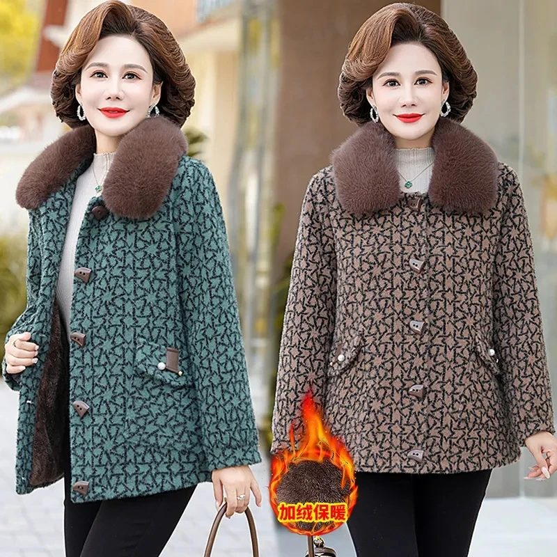 

5XL Winter Mother Jacket Thicken Warm Parkas High End Fashion Add Velvet Coat Middle-Aged Women Fur Collar Mink Woolen Overcoat