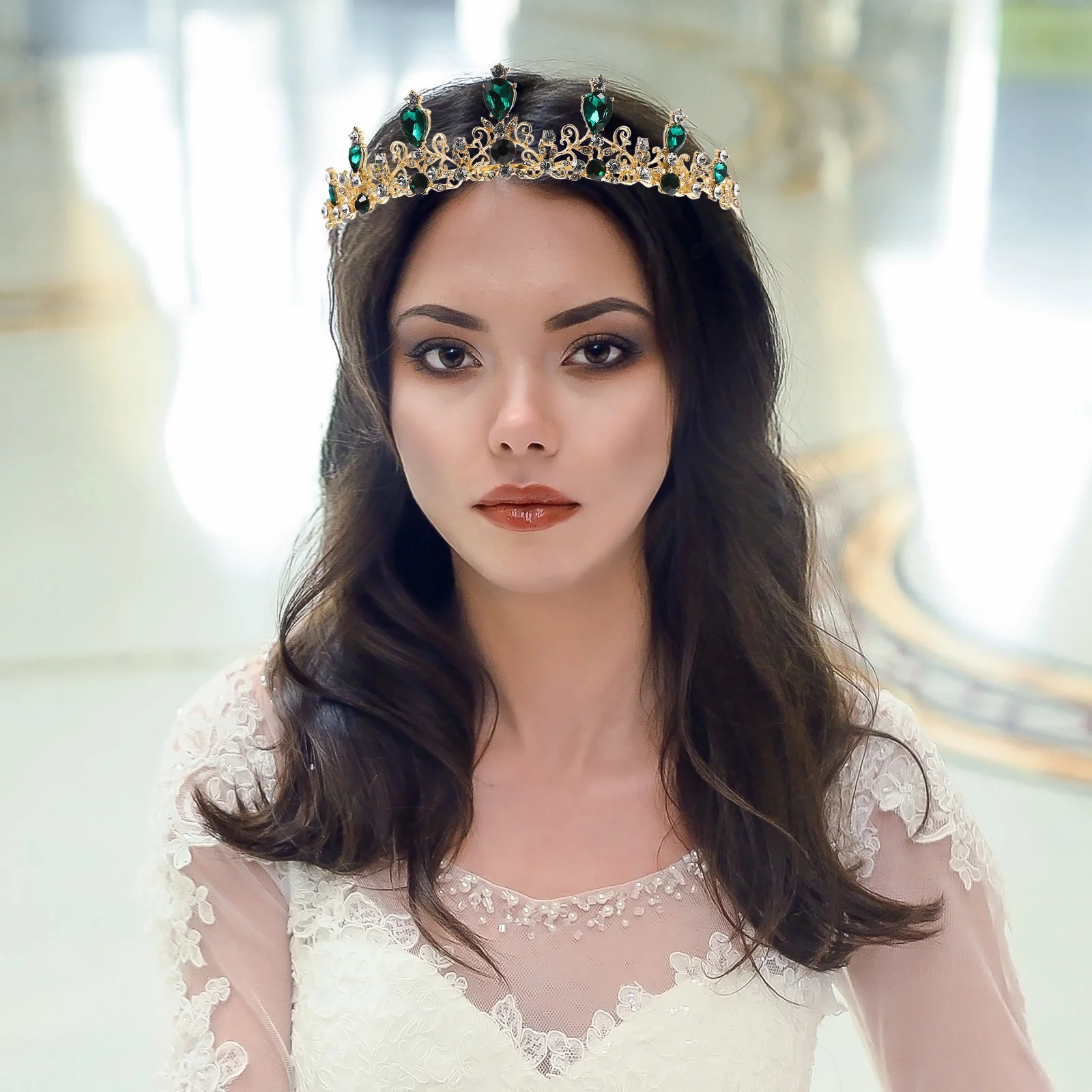 

Green Rhinestone Crown Headband Girl Hair Accessories Sparkling Wedding Party Favor Bride Rhinestone Charms Crown