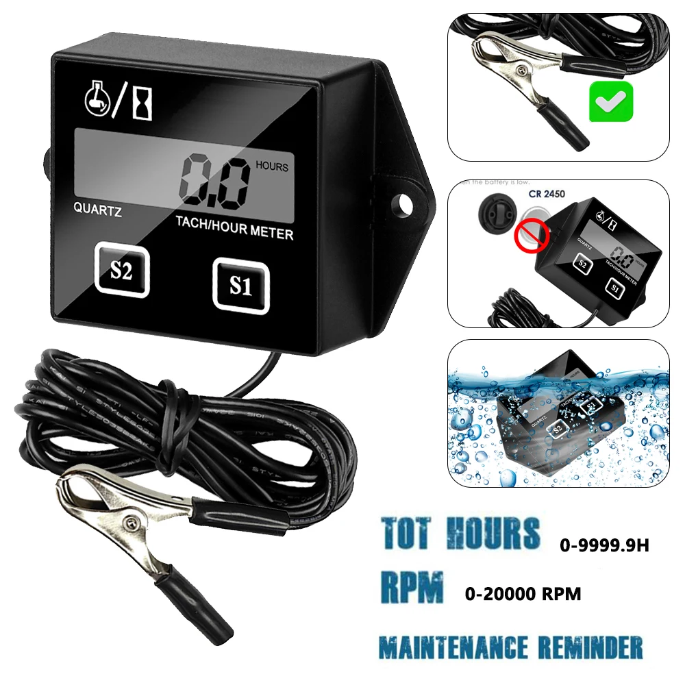 0-20000RPM Digital Tach Hour Meter Metal Clip Motorcycle Tachometer Gas Engine RPM Speed Display Working Hour Guage