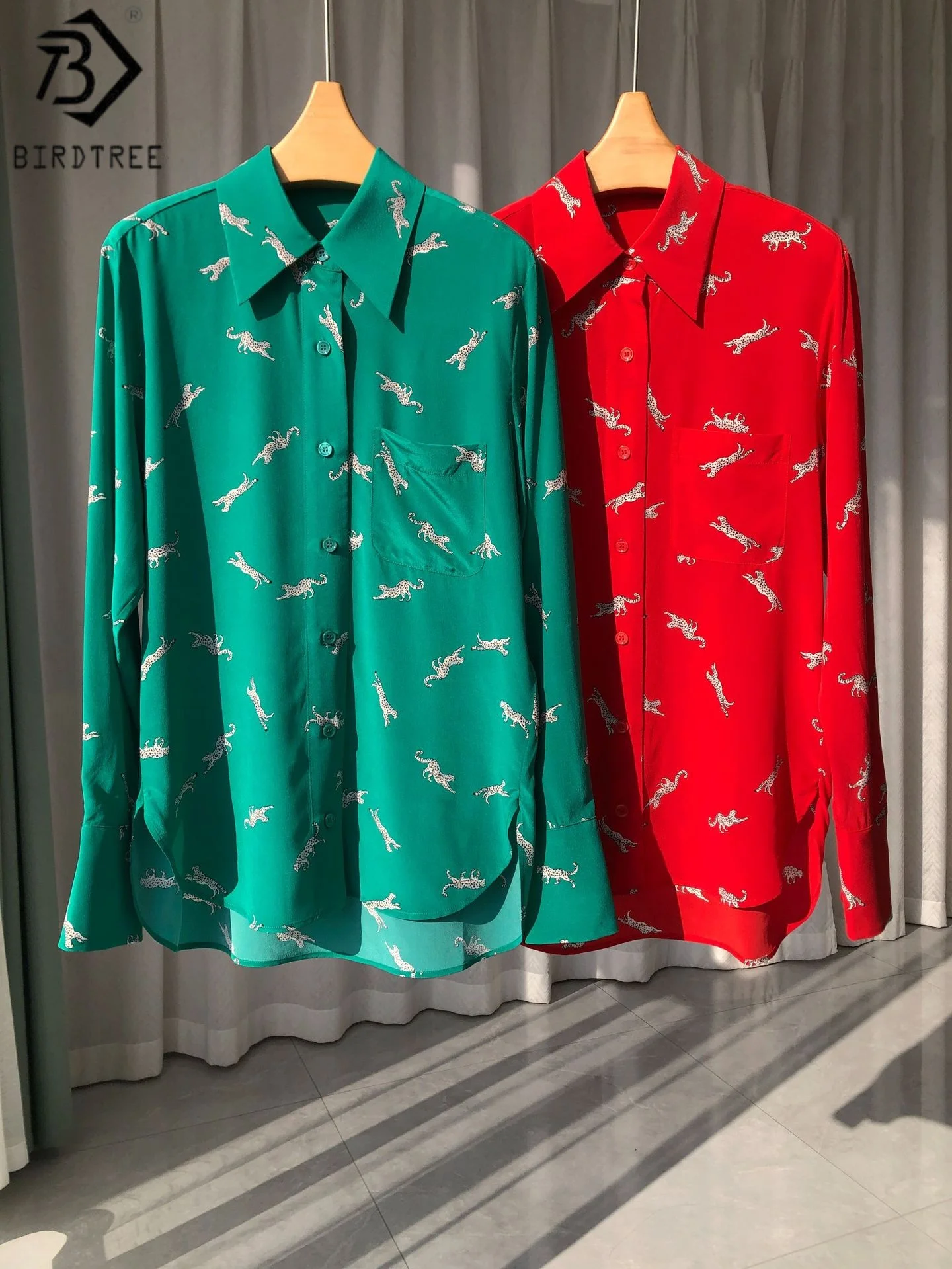 

Birdtree 18MM 100% Silk Leopard Print Shirt,Women Sand Wash Double Crepe Full Sleeve Single Breasted Blouse,2025 New T58106JF