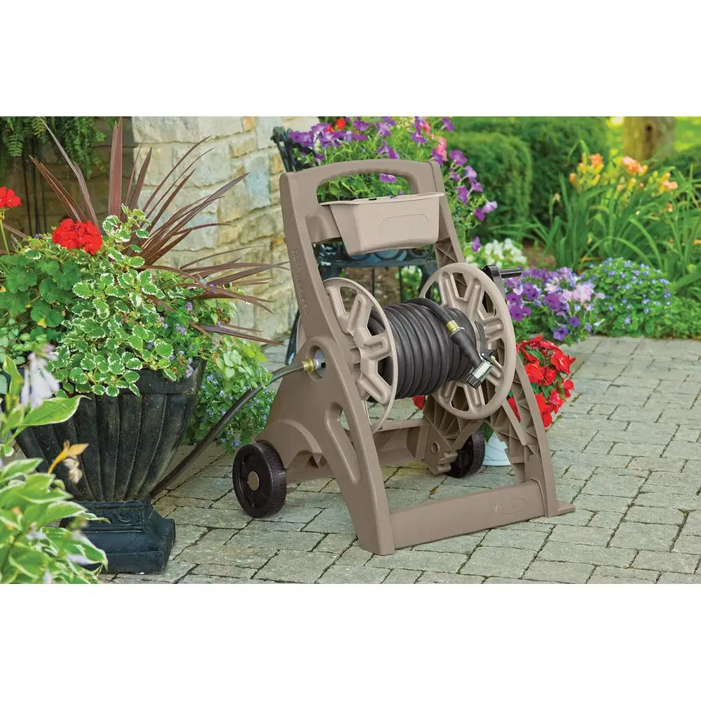 225ft. Garden Hose Reel Cart with Storage Bin- Resin Construction- No-Leak Water Flow System- Brown/Taupe- Compact Yard Storage-