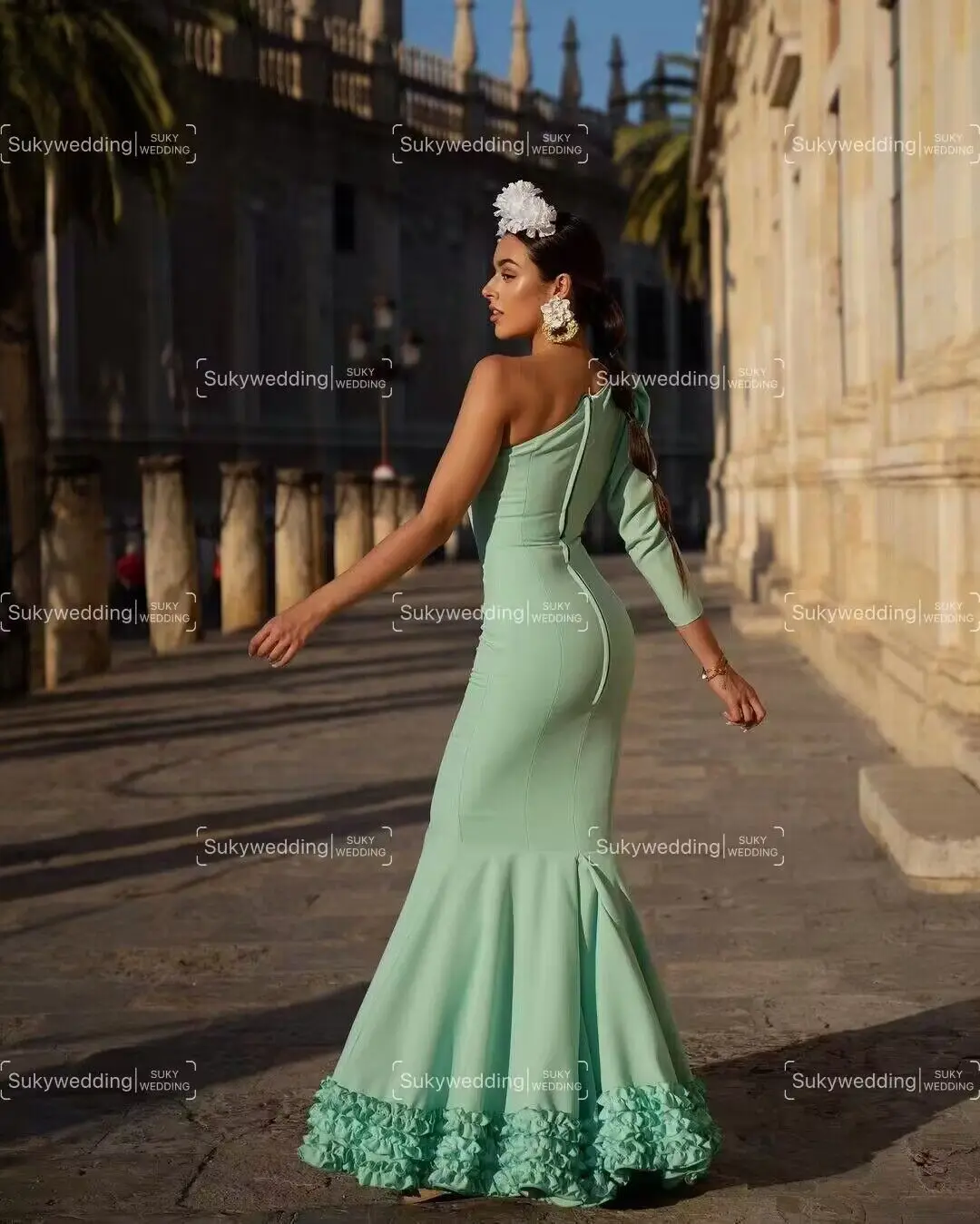 Green Mermaid Flamenco Prom Dresses One Shoulder Long Sleeves Mesh Retro Palace Dancing Spain Trumpet Evening Occasion Gown