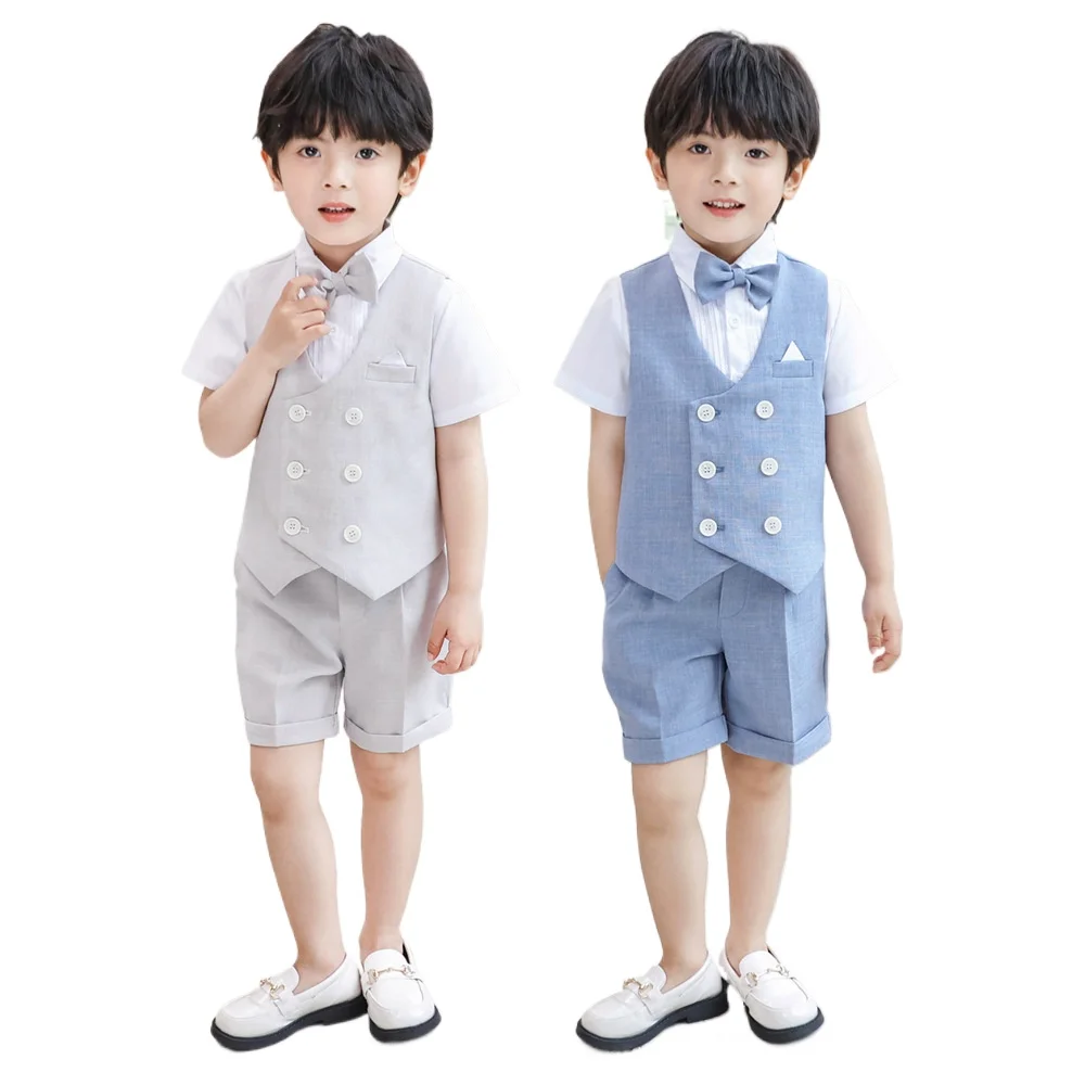 

Children's Summer Vest Suit Set Kids Fashion Wedding Host Birthday Photography Costume Kids Waistcoat Shorts Bowtie Outfit