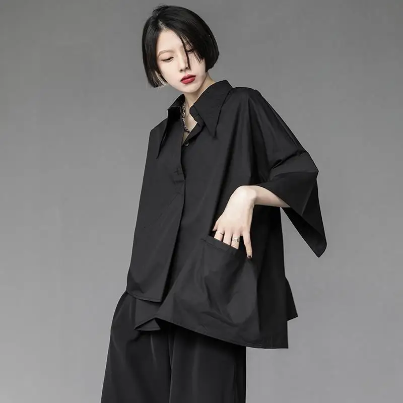 2024 Summer Lazy Wind Loose Short Sleeved Black Shirt Women Solid Color Lapel Collar Irregular 3/4 Sleeve Casual Affordable Tops