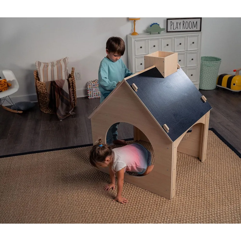 

Indoor Montessori Wooden and Waldorf Style Playhouse for Toddlers with Double Chalkboard Roof. Sturdy Play Set Structure