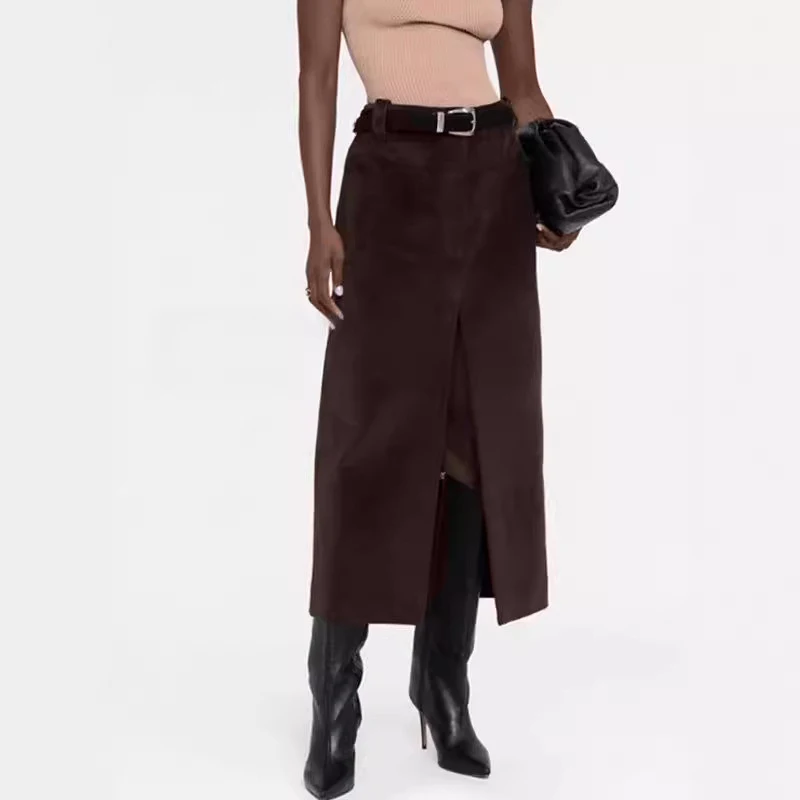 R0W 2024AW Women's Autumn Casual Loose Midriff Skirt High Waistband Straight Single Vent Skirt Khait* Cord Women's Skirt Y2K