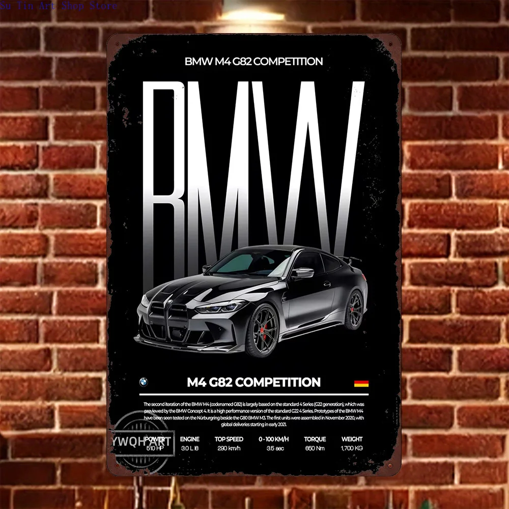 HD-Metall-Blechschild – schwarzes BMW M4 G82 Competition Spec Poster als Wanddekoration für Garage und Männerhöhle