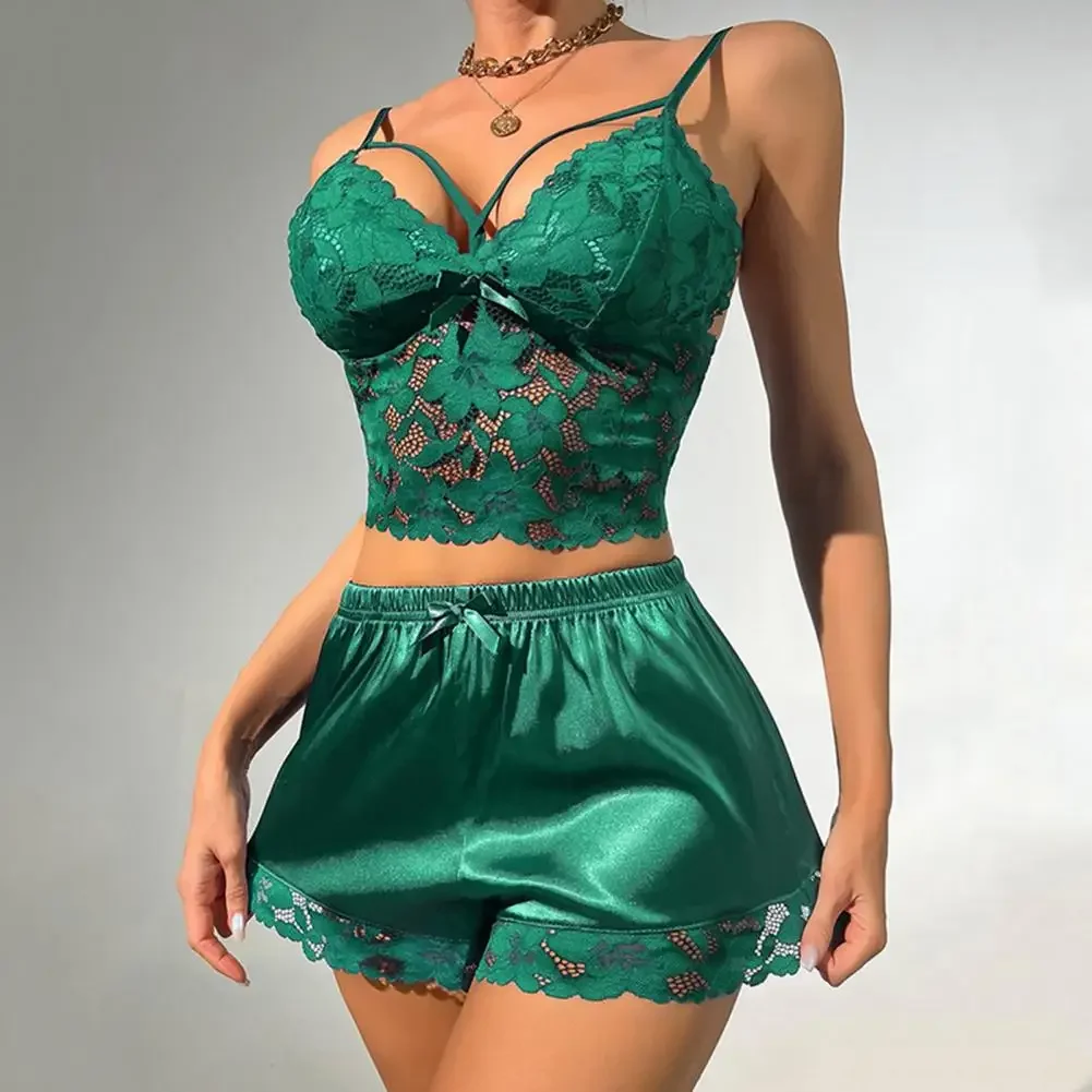 New  2 Pcs/Set Women Pajama Set Hollow Out Lace V Neck Sleeveless Crop Top High Waist Satin Shorts Anniversary Sleepwear Outfits