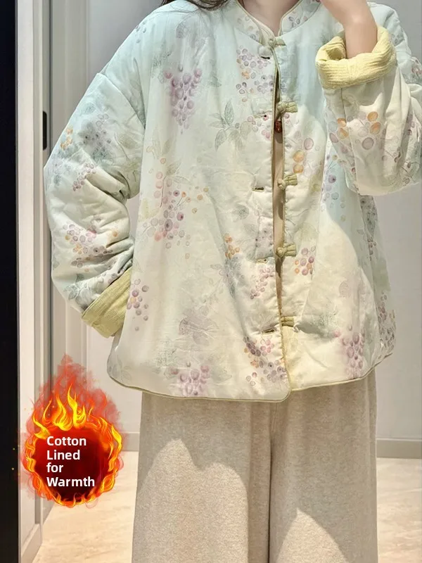 

New Chinese Sle Cotton Linen Printed Thiened Stand Collar Winter Jaet Color Blo Tang Costume Women's Faion Top