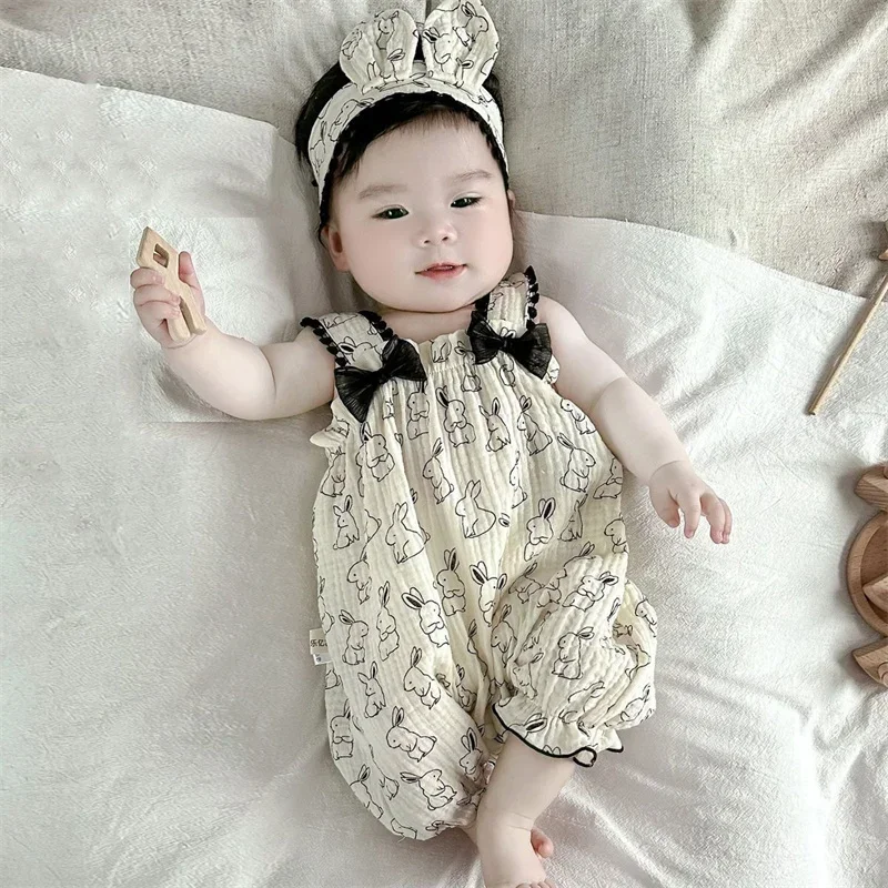 New Infant Summer Sling Dress Hair Bands Set Thin Princess Toddler Bodysuit Cute Rabbit Baby Girl Romper Versatile Kids Clothing