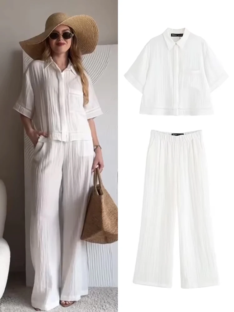 

HH женский комплект из 2 предметов, однотонная однобортная рубашка с лацканами и короткими рукавами, украшенная карманами, повседневная рубашка, топ + широкие брюки с эластичной резинкой на талии