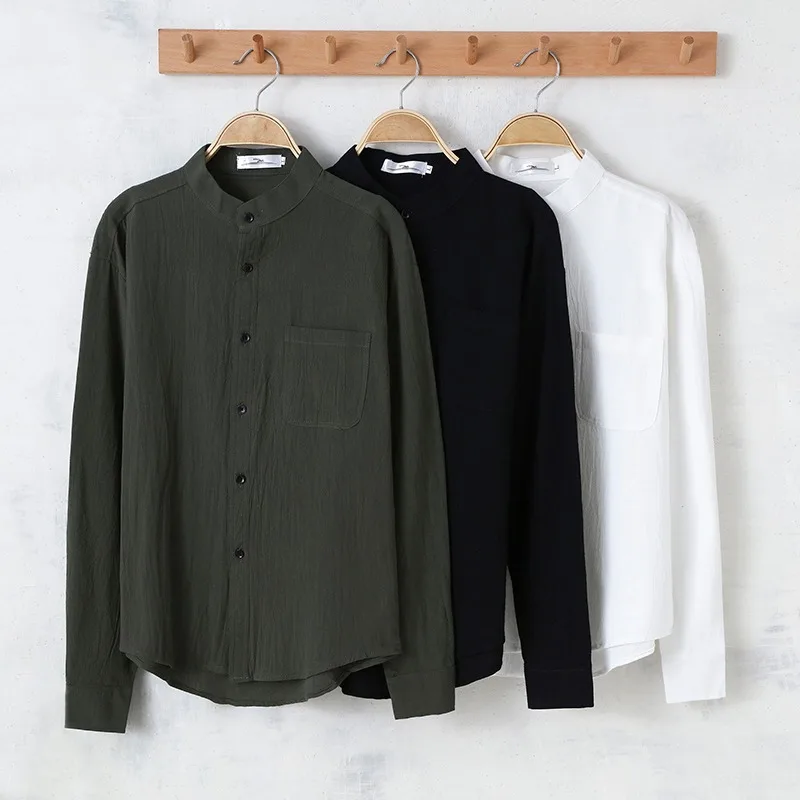 Linen Shirt Men Long-sleeved Slim-fit Trendy Cotton And Linen Men's Stand-up Collar Casual Collarless Japanese Retro Shirt