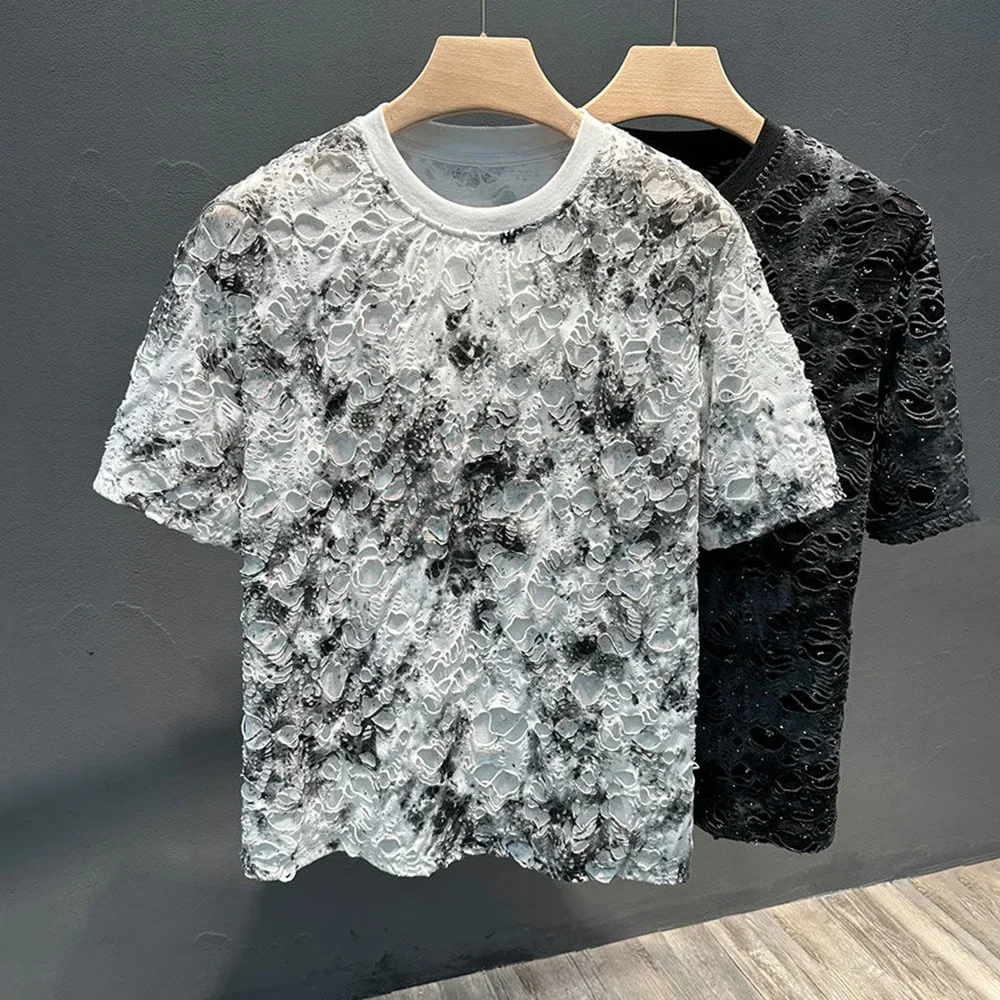 Mens T-Shirts Casual Tie-Dye Ripped T-Shirts Summer Niche Lightweight Unique Versatile Fashion Short Sleeve Tops Men'S Wear