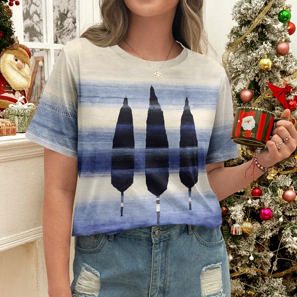 Niebiesko-biały gradientowy abstrakcyjny obraz damski T-shirt z okrągłym dekoltem, elegancki i hojny - nowy letni produkt casualowy na rok 2025