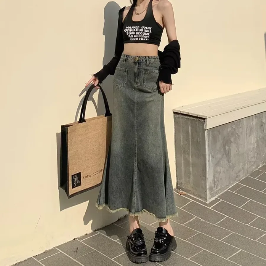 

【HOT】Retro Hong Kong style denim skirt women's small man with rough edges medium long skirt high waist slimming a-line fishtail