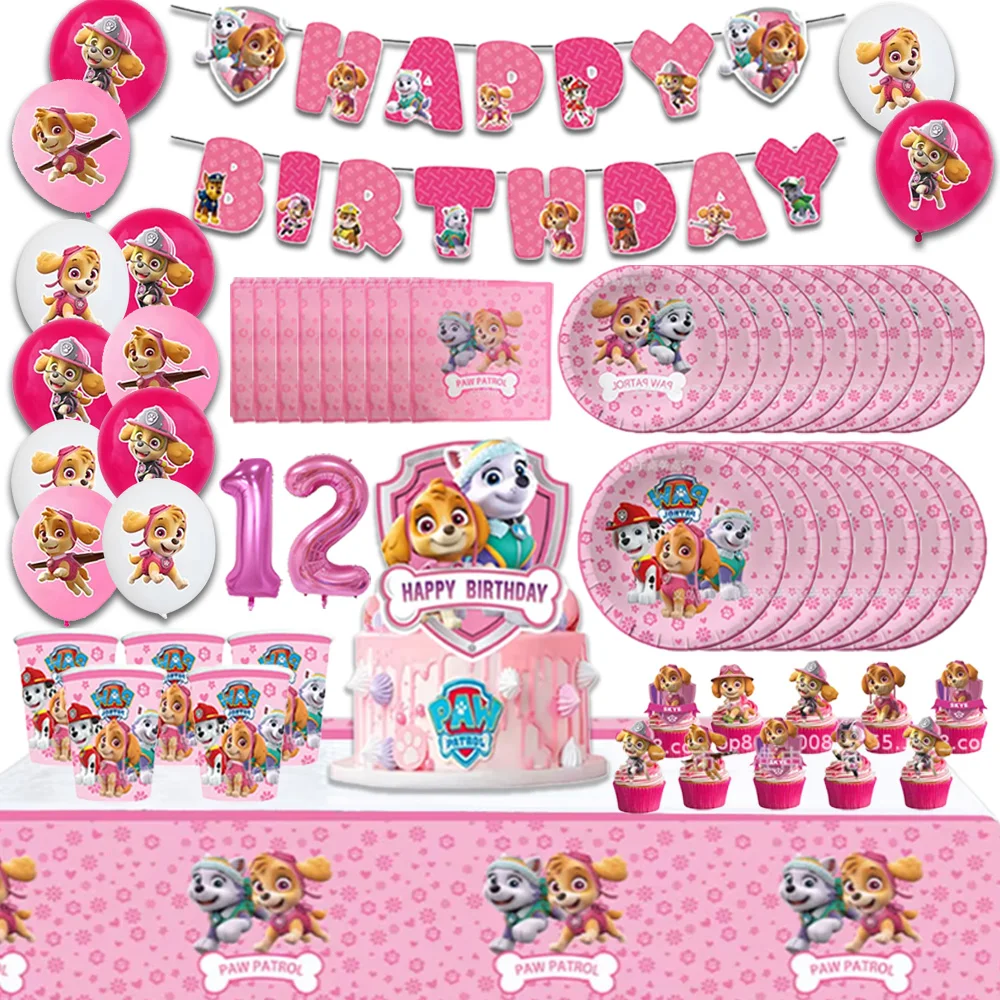 Conjunto de Suprimentos para Festa de Aniversário Patrulha Canina Rosa: Topo de Bolo de Cachorrinho Fofo, Balão, Toalha de Mesa, Copo, Prato, Faixa, Chá de Bebê, Presentes Infantis