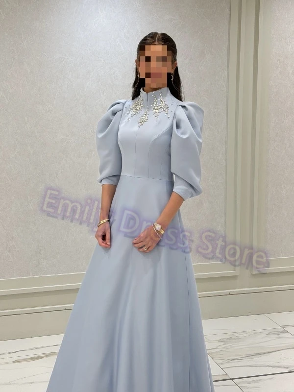 Customized Blue Satin Evening Dress Women Satin Floor Length 3/4 Sleeves Bridal Formal Long Ball Gowns Trend Pageant Dress image 4