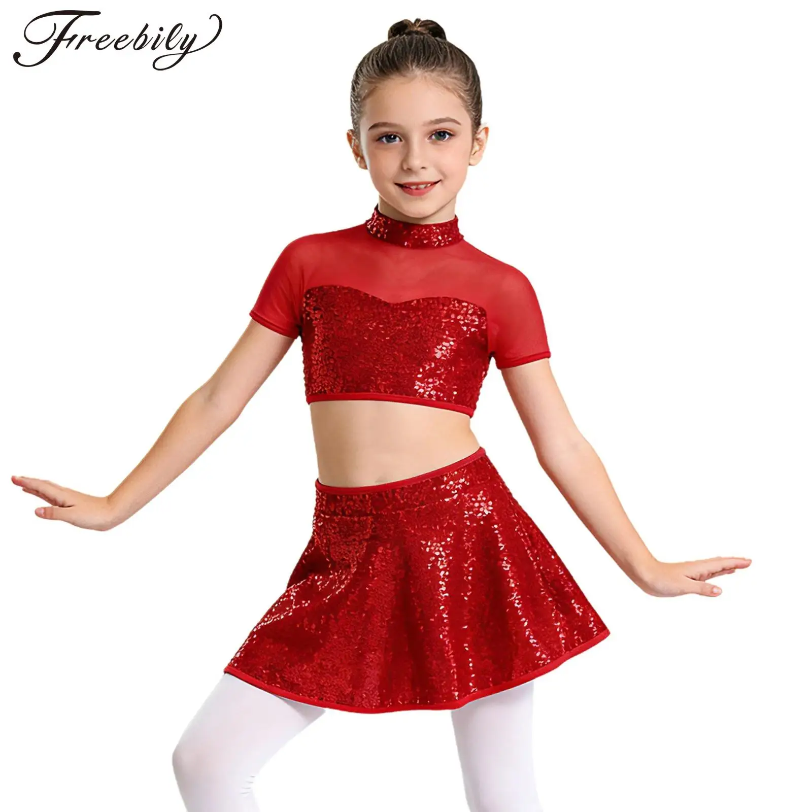 Kids Girls Metallic Jazz Dance Outfit Ballet Gymnastics Cheerleading Costume Short Sleeves Mesh Sequins Crop Tops with Skirt