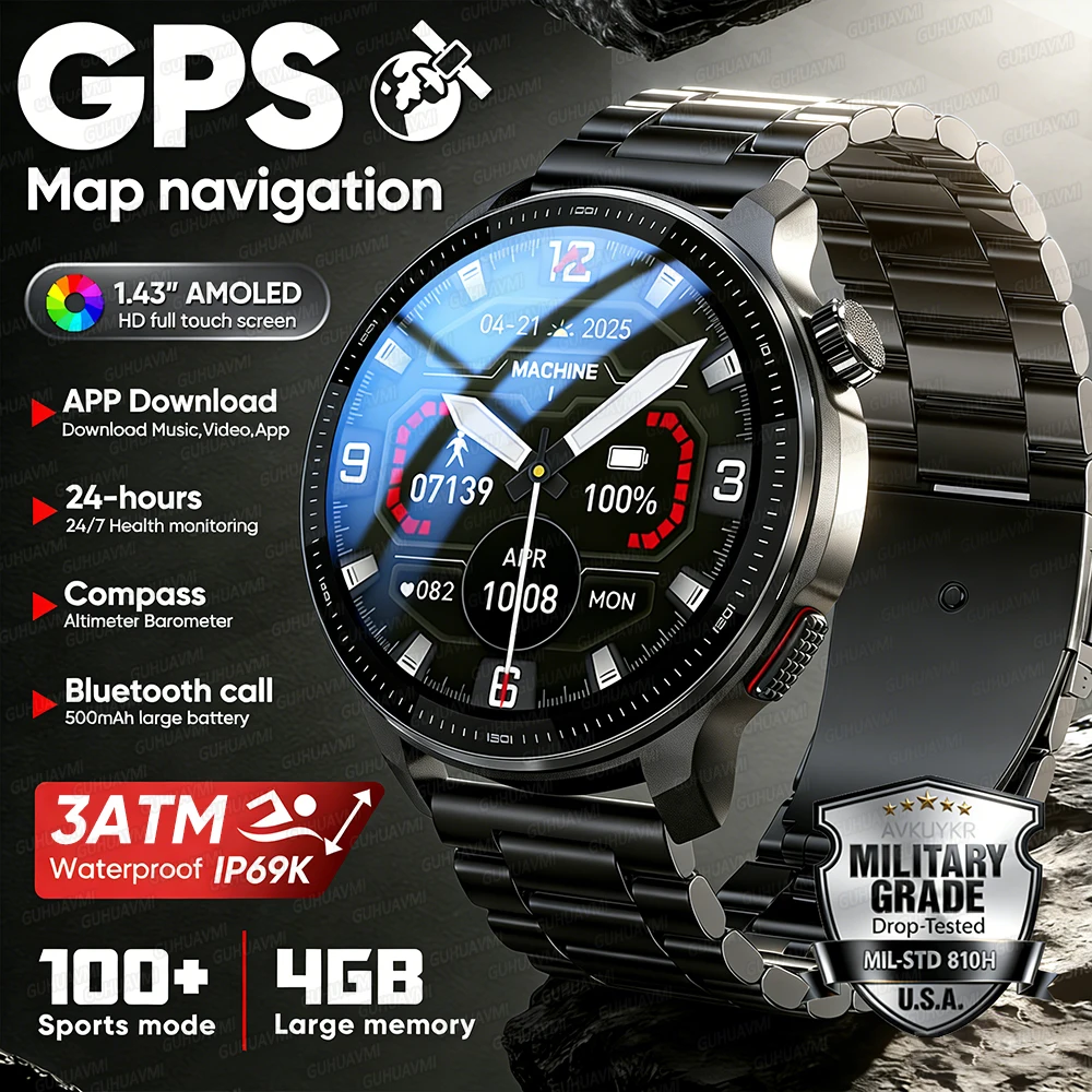 

2026 New Outdoor GPS Offline Map Sports Smart Watch Compass Altimeter 4GB Memory Video Music Playback Waterproof Smartwatch Men