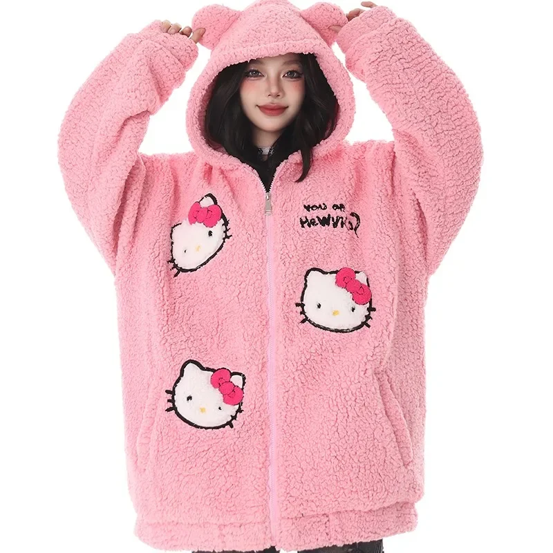 

Sanrio Anime Hello Kitty Coat Cute Kawaii 2yk Autumn Warm Thickned Woolen Embroider Casual Cardigan Girl Friends Christmas Gift