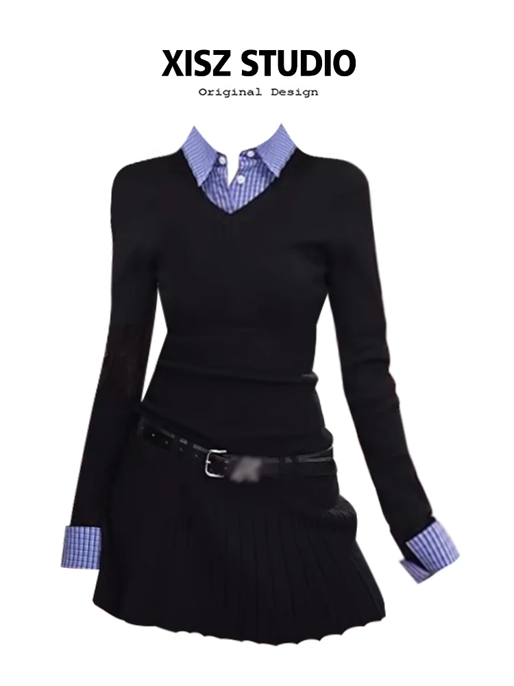 Campus sle xadrez gola irt ort dr feminino outono vintage emagrecimento cintura cinched picante menina duas peças dr