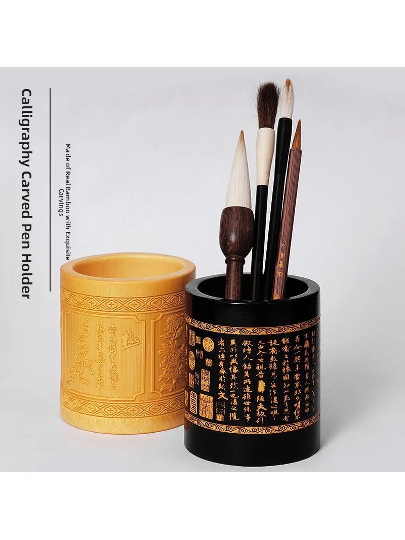 Large round Bamboo Carving Creative Office Desk Accessories Calligraphy Brush Storage Box Decorative Pen Holder Vintage Style