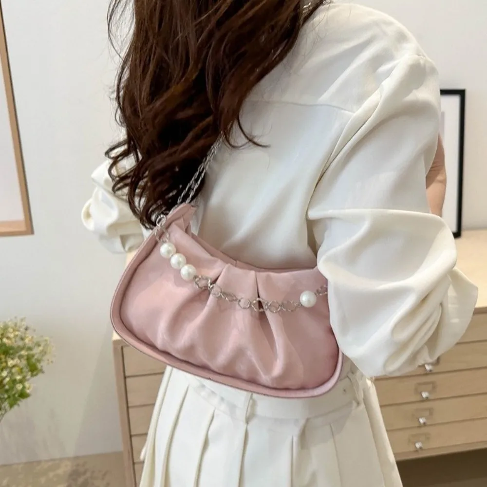 

Solid Color Cloud Shoulder Bag Korean Style Chain Pearl Chain Crossbody Bag PU Leather Single Shoulder Pleated Handbag Outdoor