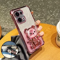 Cute Bear Bracket Plating Phone Holder Case for Motorola Moto G06 G56 G86 G05 G14 G04 G34 G54 G24 G84 E14 E15 Clear Stand Cover