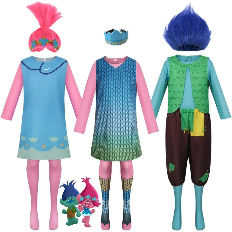 

Kids Adult anime trolls branch cosplay costume poppy dress Halloween carnival costume full set with wig & Accessories