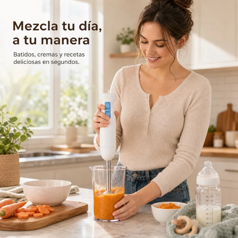 Mixeur à main électrique avec lame en acier inoxydable, mixeur portable 700W pour les smoothies et les crèmes, comprend une tasse doseuse de 700 ml, design ergonomique en blanc et bleu