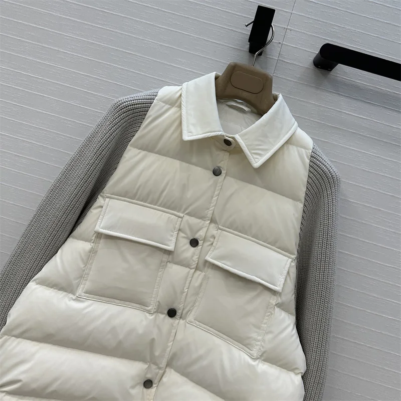 Women's winter down jacket New winter 2025 single breasted slim fit thick coat Elastic knit spliced goose down filled down coats