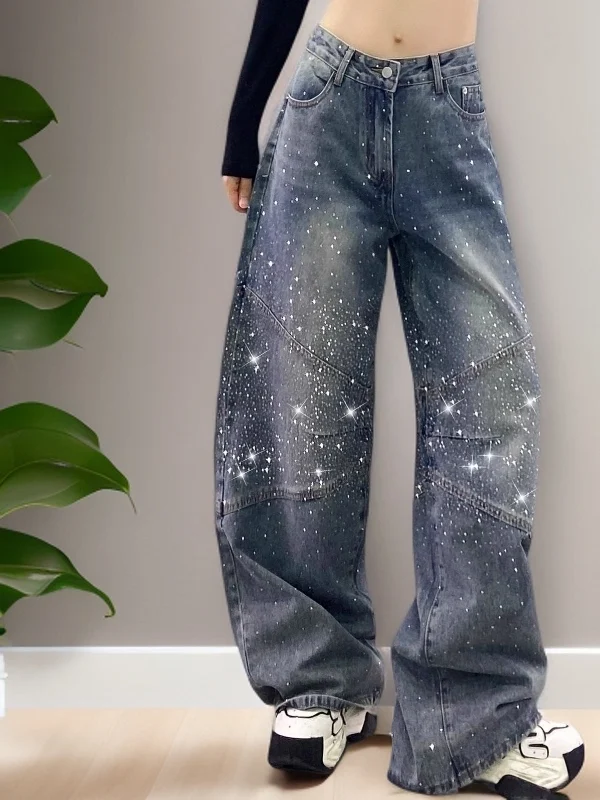 

Faionable High Waist Wide Leg Jeans Women's Retro Slimming Floor-Length Diamond-Encrusted Straight Cut Denim Pants