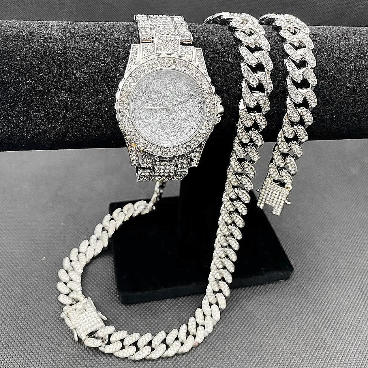 3PCS Mens Women Jewelry Set Iced Out Watch Necklace Bracelet Bling Bling Diamond Miama Cuban Link Chain Choker Jewelry for Man