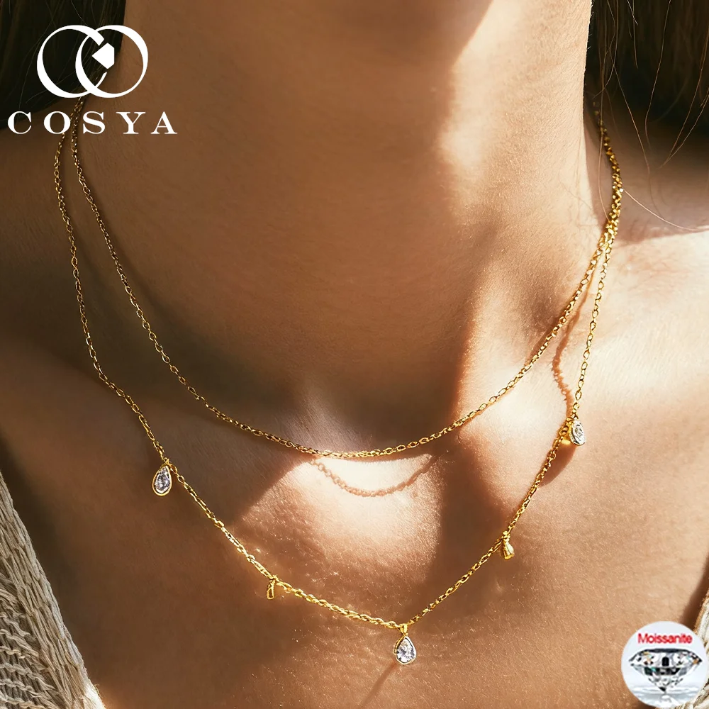 

COSYA ожерелье с подвеской из муассанита грушевидной огранки, серебро 925 пробы, золото 18 карат, двухслойное ожерелье с бриллиантами в форме капли воды для женщин, изысканные украшения