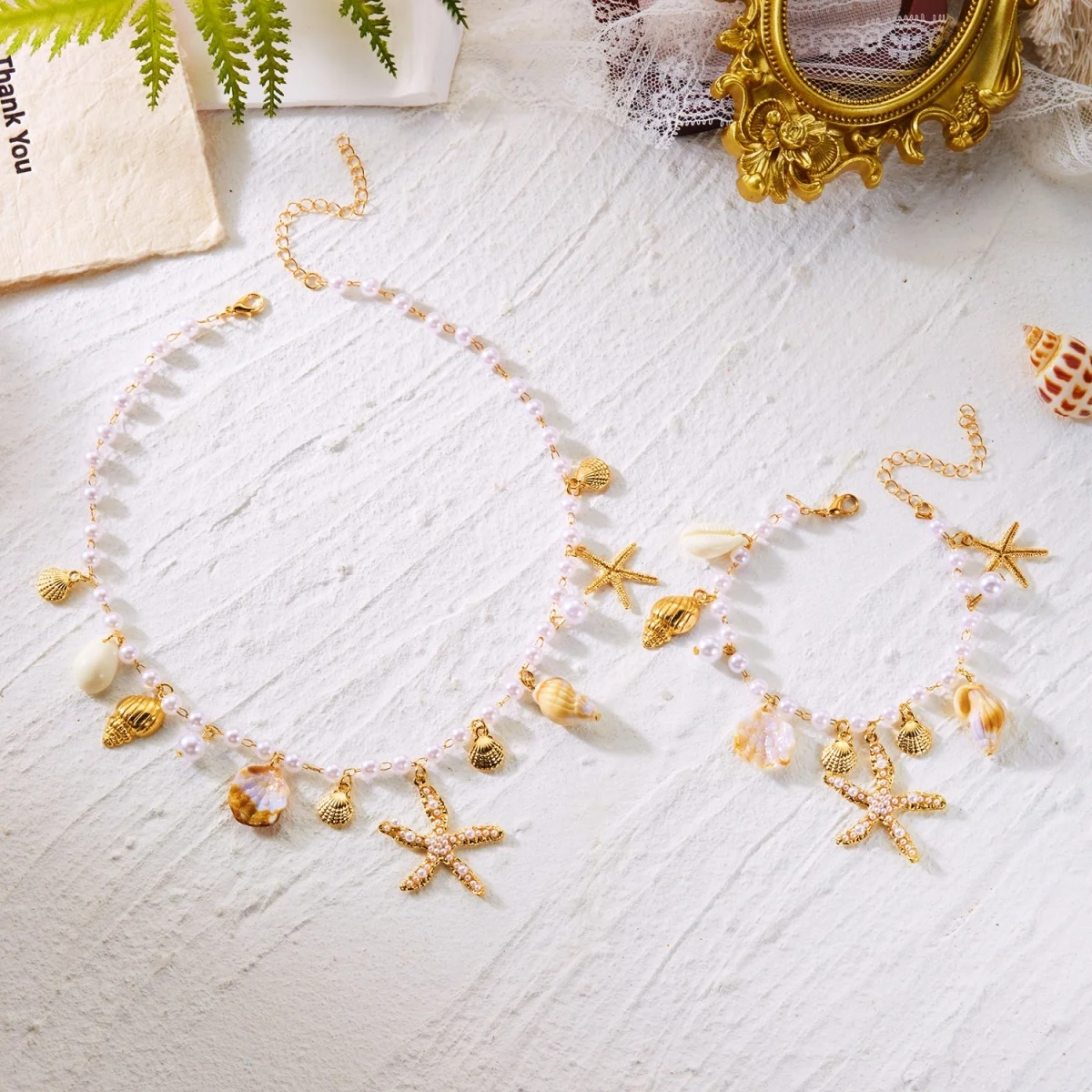 Imitationsperlen-Seestern-Muschel-Anhänger Halskette Armband Fußkettchen Set für Damen und Herren Boho Seestern Sommer Schmuckset – Detail 5